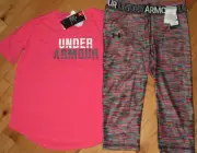 Under Armour pink wordmark logo top & cropped capris leggings NWT girls' XL YXL