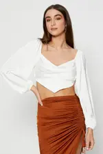 White Scarf Top Long Sleeve Crop - Size 14, Women's Semi Crop