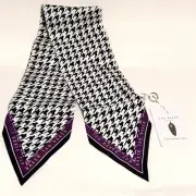 TED BAKER Silk Scarf Houndstooth Black & White Purple Skinny Tie-Scarf Dogstooth