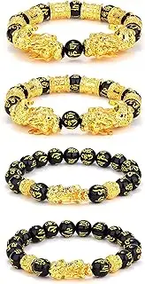 Kakonia 4 Pcs Feng Shui Black Obsidian Wealth Bracelet for Men Women Good Luck Charms Bead Bracelets Attract Wealth Money Adjustable Mens Pixiu Bracelet Set