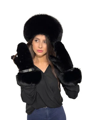 Mink And Fox Fur Mittens And Hat Set Saga Furs Jet Black Furs Set Winter Gloves