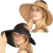 [UOUDIO] Women Sun Visor Hats Beach - Foldable Roll Up Wide Brim Bowknot Summer Straw Hat Cap Cruise wear for Womens