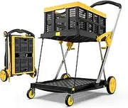 TOLRET Collapsible Shopping Cart with Wheels, 200 lbs Capacity Grocery Cart on Wheels with Storage Crate, Platform Hand Truck with Foot Brake, Yellow