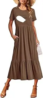 [CzzzyL] Women Nursing Short Sleeve Crew Neck Fall Dress Maternity Flowy Maxi Dresses Tiered Cocktail Dress with Pockets