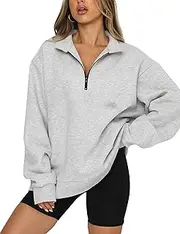 [TRLOVE] Womens Half Zip Sweatshirt Oversized Long Sleeve Collar Drop Shoulder Solid 1/4 Zipper Pullover Jacket