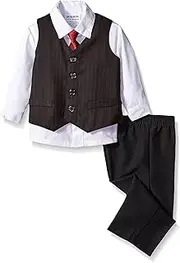 [Blueberi Boulevard] Boys 4 PC Formal Stripe Tuxedo Suit Set - Shirt, Vest, Slacks, Red Tie - Black - 2T