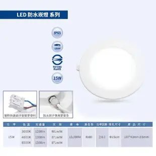 【亮博士】1入 LED防水崁燈 15W 高光效 15公分 崁入孔(IP65 護眼認證 CNS認證)
