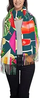 [YANYU] Tropical Cocktail Print 77.6" X 28.3"Tassel Scarf Women'S Scarf Gift Classic & Fashionable Tassel Scarf, Black