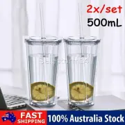 2X 16oz/500ml Tumbler Tumblers Cup With Straw Lids Reusable Double Walled Mug