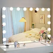 BEAUTME Hollywood Vanity Mirror with Lights, 16 Dimmable LED Bulbs 3 Color Lighted Makeup Mirror with Detachable 10X Magnification Mirror, Tabletop or Wall-Mounted, Touch Control, 91.1 * 61.6cm Black