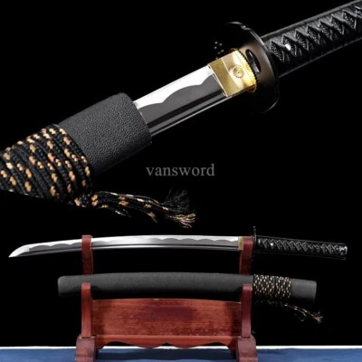 Japanese Wakizashi Carbon Steel Leather Wrap Sheath Black Sword Sharp Full Tang.