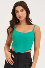 Green Rib Singlet Round Neck - Size S, Women's Singlet