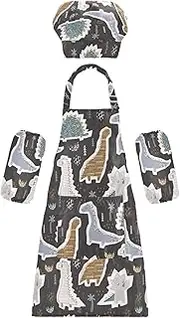 AIXIWAWA Kids Apron Chef Hat Set, Child Kitchen Bib Aprons Adjustable for Cooking Baking Painting (Paper Cute Dinosaur)