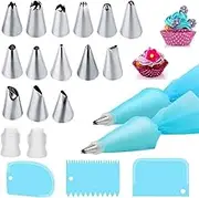 Piping Bags and Nozzles Set,21 Pcs Cake Piping Kit with 2 Reusable Piping Bags Icing Bag,14 Stainless Steel Cake Piping Nozzles Tips Kits,2 Coupler,3 Plastic Scrapers for DIY Cake Cupcake Decorating