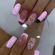 24PCS Halloween Press on Nails French Medium Square Fake Nails with Spider Web Design Pink Purple False Nails Glossy And Full Cover Acrylic Nails for Women and Girls
