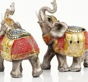 Set of 2 Handcrafted Decorative Elephant Statues - Gold, Red, and Silver