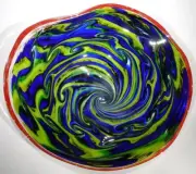 HAND BLOWN GLASS ART WALL OR TABLE PLATTER RED BLUE LEMON YELLOW, DIRWOOD, n3872