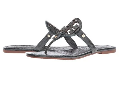 Tory Burch NIB Miller Jitney Green Leather Logo Flat Sandals US 7 #33127 $198