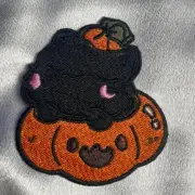 Black Cat sitting in a Pumpkin, Halloween Iron On Embroidery Patch