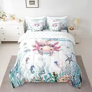 Feelyou Kids Cute Axolotl Full Comforter Set with Sheets Cartoon Salamander 7 Pieces Bedding Set for Toddler Boys Girls Kawaii Ocean Sealife Bed in a Bag Reptile Animal Bed Set