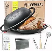 Upgraded Heavy Duty Pre-seasoned Cast Iron Bread Pan, Large Loaf Dutch Oven with Lid, Sourdough Bread Baking Pan with Flour Duster, Metal Scraper, bread lame, silicone bread sling