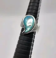 Teardrop Shape Blue Cabochon Glass Stone Hammered Sterling Silver Ring Sz 7.5