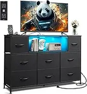 WLIVE Black Dresser for Bedroom, TV Stand for Bedroom for 55 inch TV with Charging Station and LED Lights, Fabric Chest of Drawers with Open Shelves, 8 Drawers Dressers for Living Room,