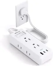 Flat Plug Extension Cord, 5 Ft Ultra Thin Flat Power Strip - 6 Outlets 3 USB Por