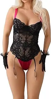 [JINZIJINYU] Lingerie For Women Lace Splicing Suspenders Hollow High Waist Body Shaping Sexy Bodysuit With Gloves And Tights