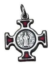 Catholic Saint Benedict Red Enamel Silver Tone Cross Religious Medal