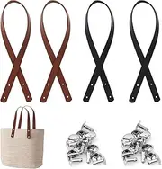 WACH AUF 2 Pairs PU Leather Bag Handles 60cm/23.6in Leather Handbag Handle Replacement Handbag Imitation Leather Strap with 16 Sets Rivets for Bag Making Purse Totebag Straps (Black+Khaki)