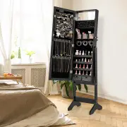 CostwayStanding Jewelry Armoire Organizer with Full-Length Mirror-Black