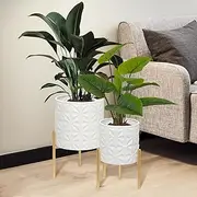 ARNIS Modern Planter Pots, Set of 2 Large Planters with Stand, Decorative Planters, Metal Pots with Drainage Holes for Living Room, Office, Garden or Balcony, 8.25 &10.5 Inch, Matte White