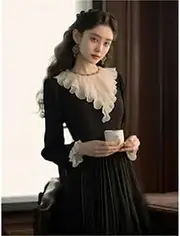 [JIMINISO] Women Hepburn Style Slim High-end Small Stature,Mid Length Dress Black Long Sleeved A-line Skirt Popular