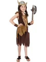 Viking Girl Norsewomen Warrior Fancy Dress World Book Day Costume Brown Dress