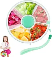 Kids Snack Spinner Bundle with 5 Compartment Dispenser and Lid, Rotating Storage Portable Snack Container, Bundle with Hand Strap & Sticker Sheet, Reusable Snack Container, Dishwasher Safe, Leakproof