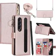 [SailorTech] Samsung Galaxy Z Fold 4 5G Wallet Phone Case with S Pen Holder 9 Card Holder 1 Zipper Coin Wallet 2 Cash Slot Lanyard Flip Leather Cover Pink