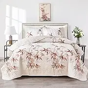 Botanical Quilt Set 3 Piece Full/Queen, Burnt Orange Leaves on White Design Reversible Bedspread Coverlet Set, Soft Microfiber Lightweight Bed Cover for All Season (90" x 90", 1 Quilt+ 2 Pillow Shams)
