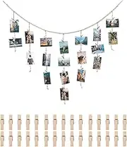 Boho Hanging Photo Display with 30 Clips Wooden Beads, Collage Hanging Picture Frames with String, Photo Garland Wall Decor for Bedroom Living Room Dorm Art Teenager Girl