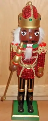 14" African American Wooden Red Sequin Embellished King Nutcracker