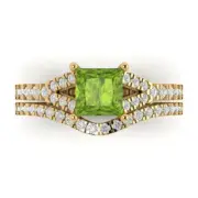 2ct Princess Cut Real Peridot Promise Bridal Band set Curved 14k Yellow Gold
