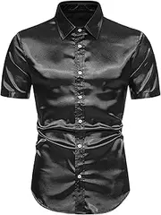 [FEOYA] Men's Button Down Short/Long Sleeve Dress Shirts Metallic Shiny T-Shirts Glitter Sequin Top Party Nightclub Disco Tops Slim Fit S-2XL