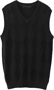 [SWJGLITTR] Mens Slim Fit Sleeveless Sweaters Casual Argyle V-Neck Vest Pullover Knitted Sweater Vests, Black, Large