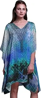 [Phagun] Blue Quatrefoil Mughal Beach Kaftan Bikini Cover up Women Midi Dress Short Caftan