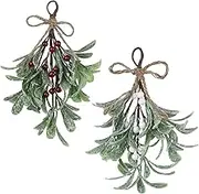 Artificial Mistletoe Floral Stems Christmas Decoration | Festive Garland, Frosted Hanging Tree Ornaments With Berries and Bow