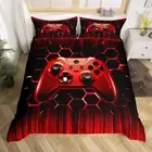 Gaming Duvet Cover Set Twin Size, Red Geometric Gamepad Bedding Set 2pcs for