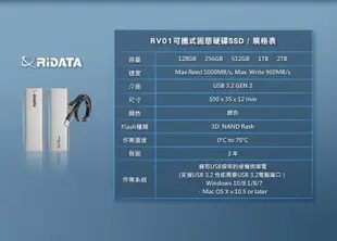 《Sunlink》RIDATA錸德 RV01 1TB 1T 外接式固態硬碟SSD 公司貨