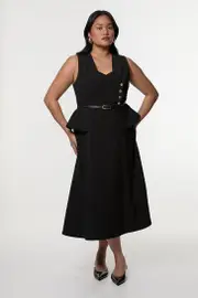 Plus Size Compact Stretch Belted Peplum Detail Full Skirted Midi Dress