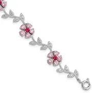 [JewelryWeb] 925 Sterling Silver Polished Pink and Clear CZ Simulated Diamond Flower Bracelet 20 Centimeters Spring-Ring Link-Bracelet for Women