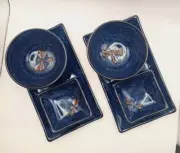 Japanese Mino Ware Tombo Dragonfly Blue Porcelain Sushi Set For 2, Dinner Fun,